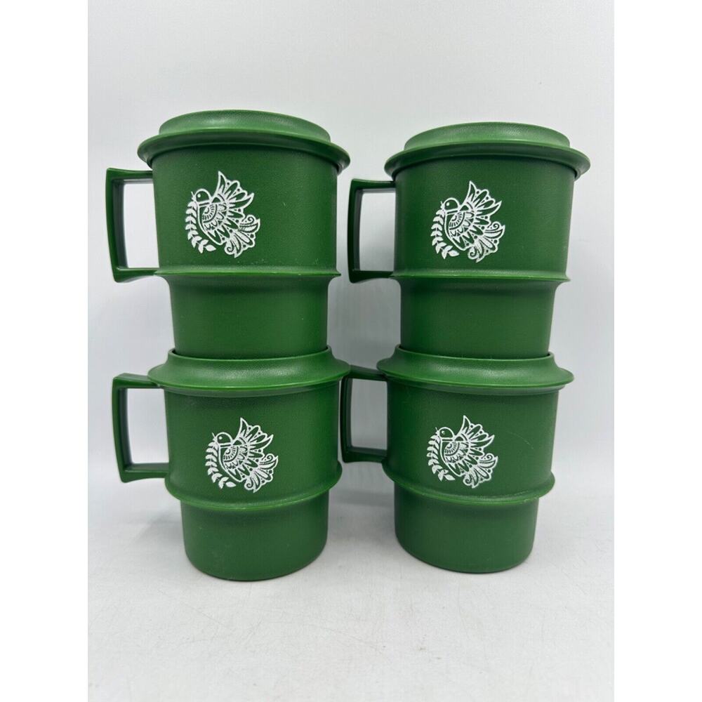 Tupperware Mugs Christmas Holiday Cups & Coasters Green Bird 1312 Vtg - Picture 2 of 11